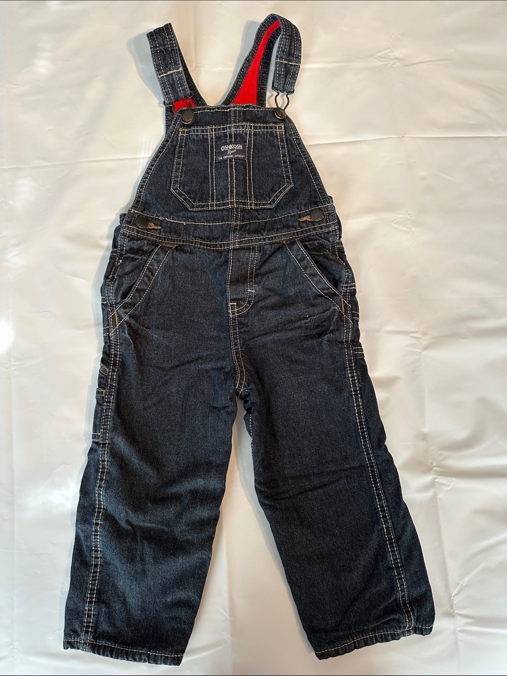 OshKosh B'gosh Dark Blue Denim Relaxed Overalls with Red Strap Detail